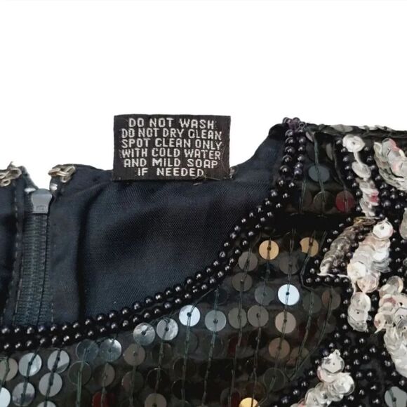 Vintage 80s Jewel Queen 100% Silk Beaded and Sequin Cut Out Hem Evening Top Sz S - Picture 8 of 9